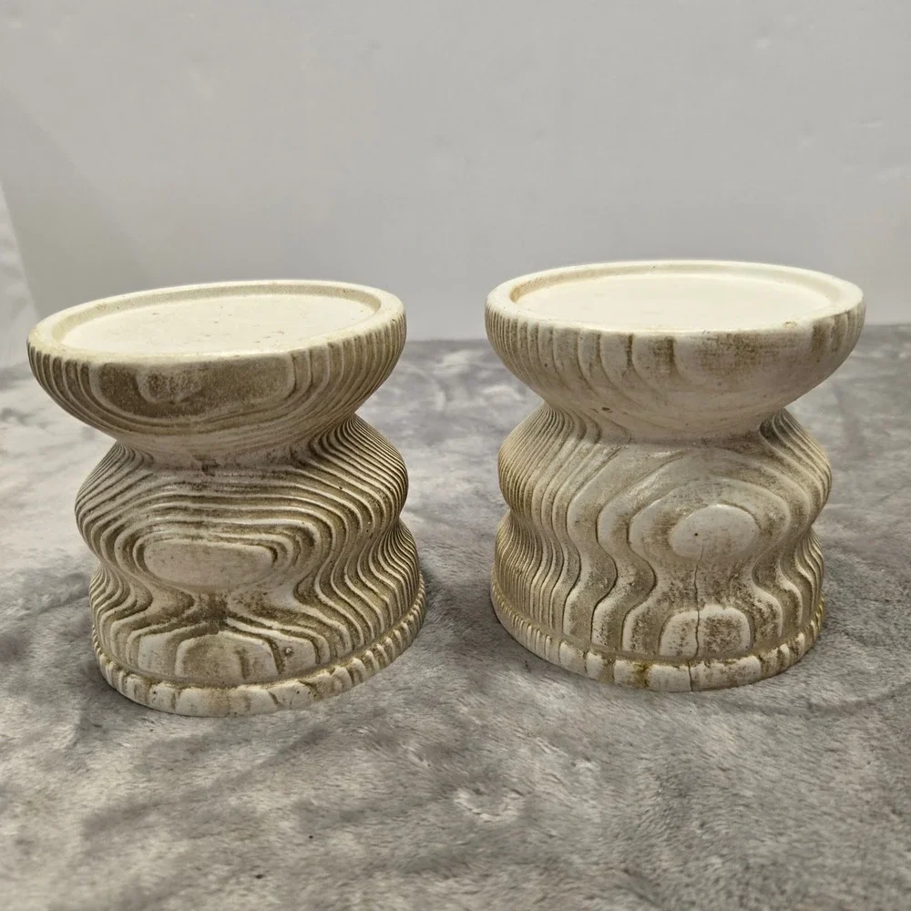 Vintage Japan Pillar‎ Candle Holders Pair Brutalist Textured Cream Brown Wood